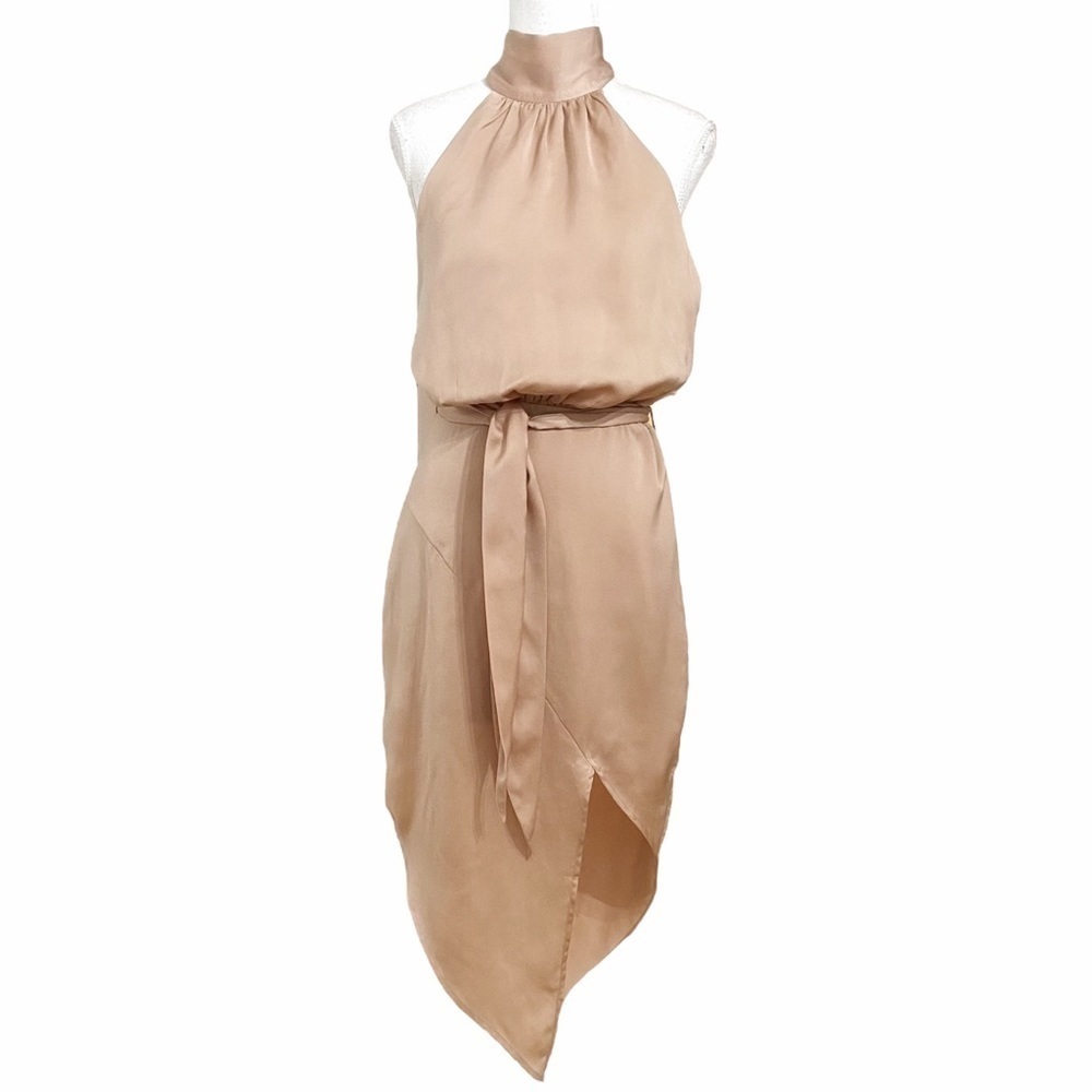 STYLESTALKER DUSTY PINK SATIN HALTER ASYMMETRICAL MIDI FORMAL EVENING DRESS - S